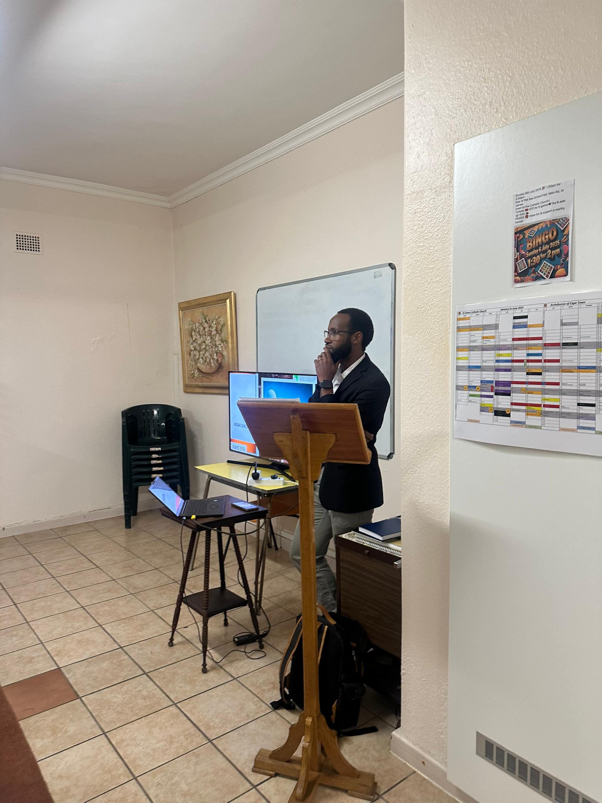 Josiah speaking at the AI and Faith talk, St James Catholic Church Cape Town
